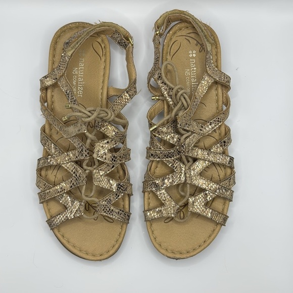 Naturalizer WHIMSY Ghillie Sandals Flat Snakeskin Beige Gold Size 9 - Picture 4 of 12